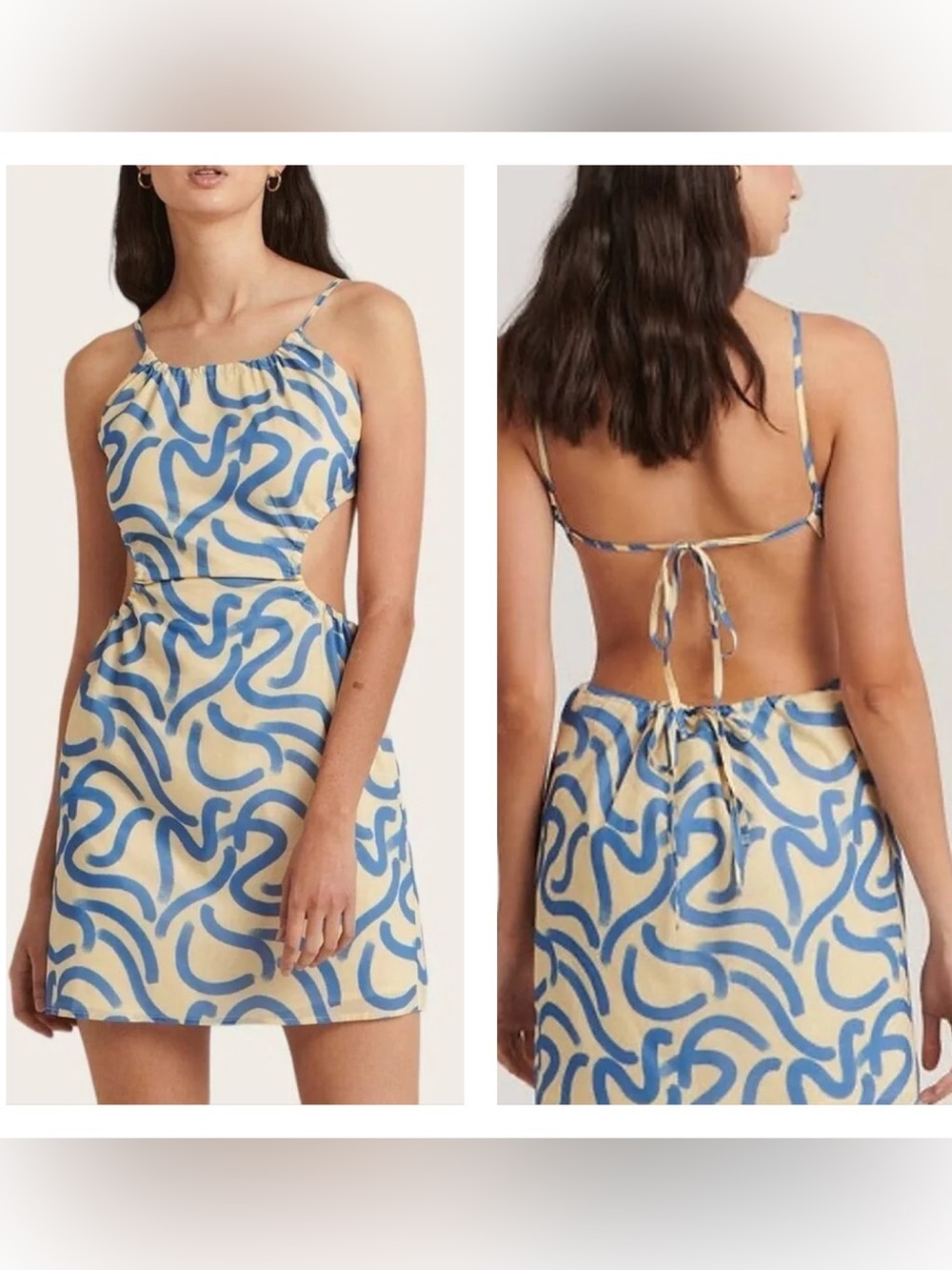 Charlie Holiday Jenna Blue & Cream Cutout Tie-Back Mini Dress